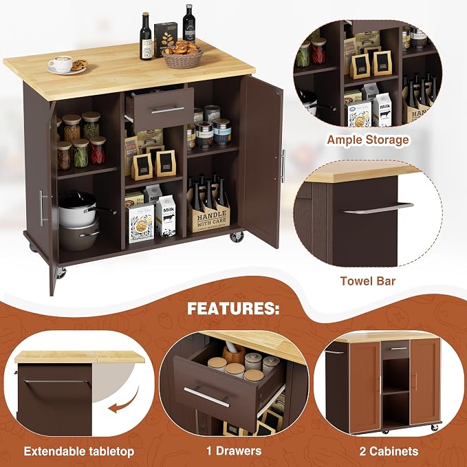 JY QAQA 42" Kitchen Island with Storage on Wheels, Rolling Table with Drop Leaf, Drawers, Cart Handle for Towel Rack or Free Movement, Brown