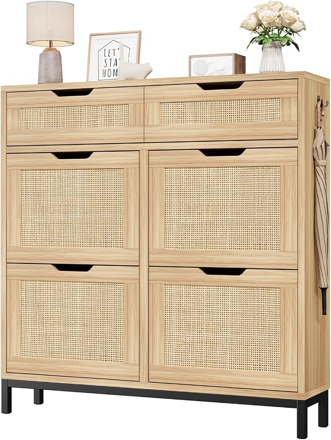 Jocoevol Rattan Shoe Cabinet for Entryway with 4 Flip Drawers and 2 Drawers, Narrow Freestanding Shoe Storage Cabinet with Metal Legs for Entryway/Hallway/Foyer