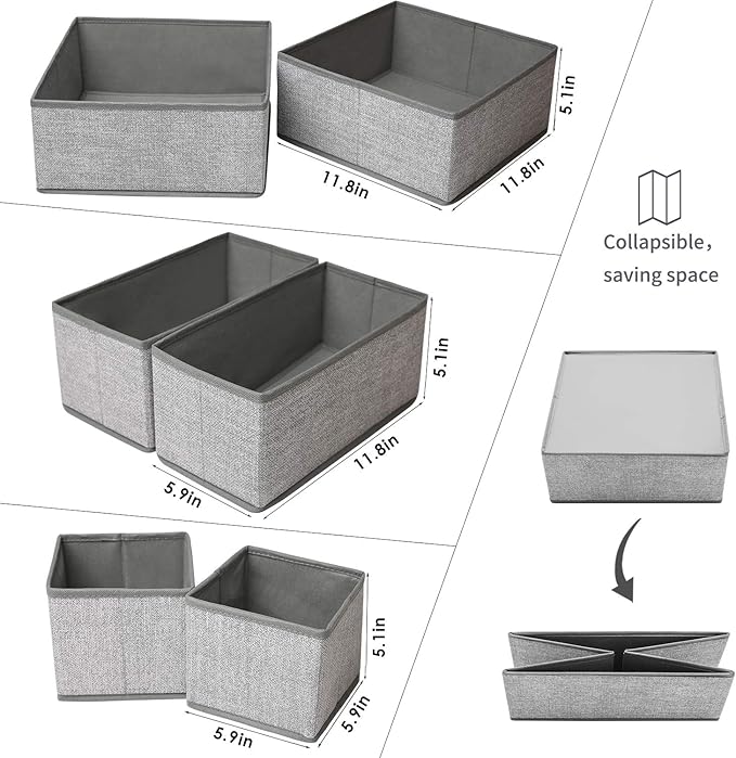 Foldable Underwear Drawer Organizer, Closet Dividers, Storage Box for Clothes, Socks (6 Bins, Gray)