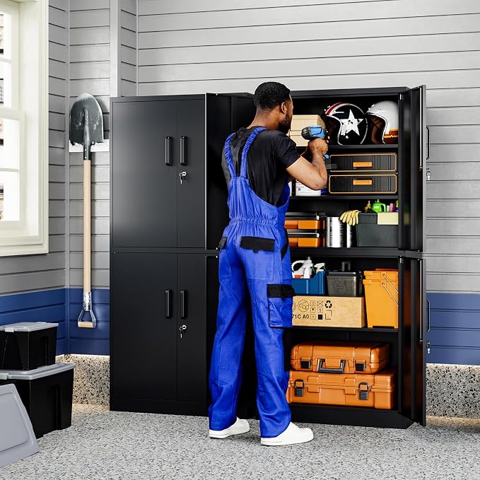 Metal Storage Locking Cabinet with 4 Doors and 2 Adjustable Shelves,71" Lockable Garage Tall Steel Cabinet,for Home Office,Living Room,Pantry,Gym,Commercial Storage (Black)