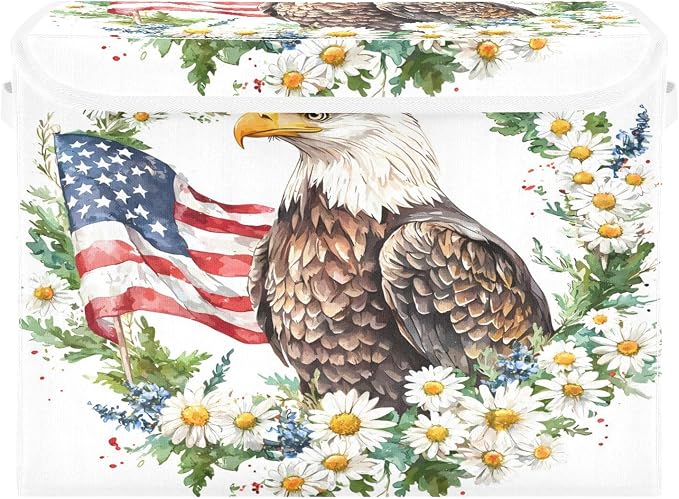 senya July Fourth Baskets Collapsible Storage Bins with Lids, Daisy Flower American Flag Bird Storage Boxes Clothes Baskets for Organizing