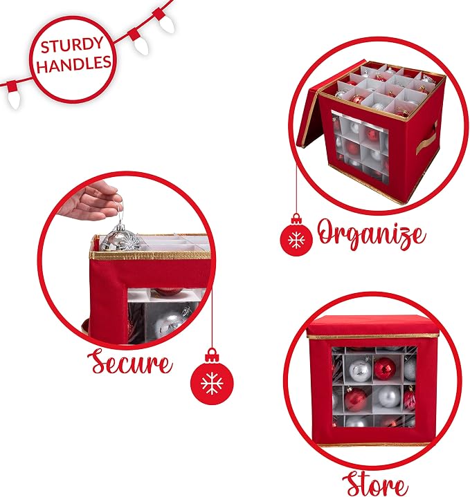 Simplify 64 Count Large Storage Box | Dimensions : 12.01 x 12.01 x 12.01 | Stackable Dividers | Holds up to 64 Ornaments | Red | Easy Carry Handles | Collapsible | Christmas Organization