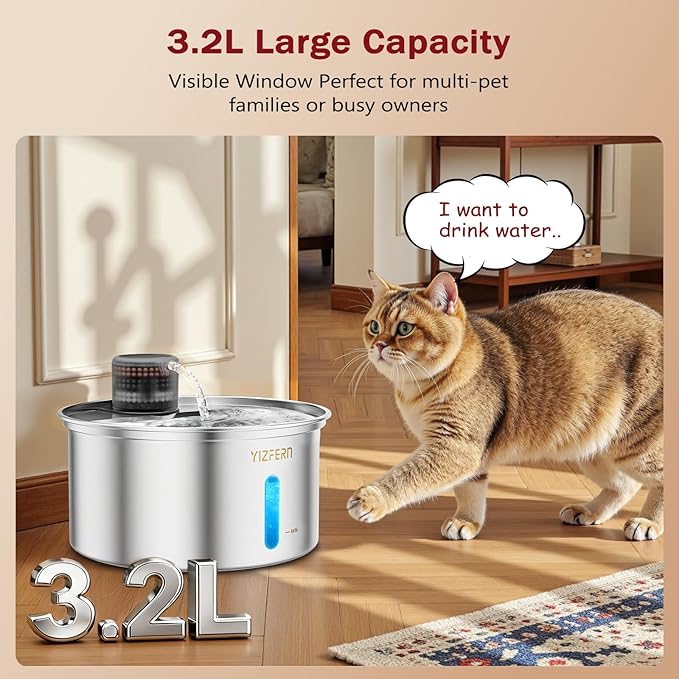Cat Water Fountain Stainless Steel 108oz/3.2L Upgrade Dual-Filtration Pet Water Fountain for Cats Indoor, Ultra Quiet Dog Water Bowls Dispenser for Drinking, Automatic Cat Watering Supplies (Black)