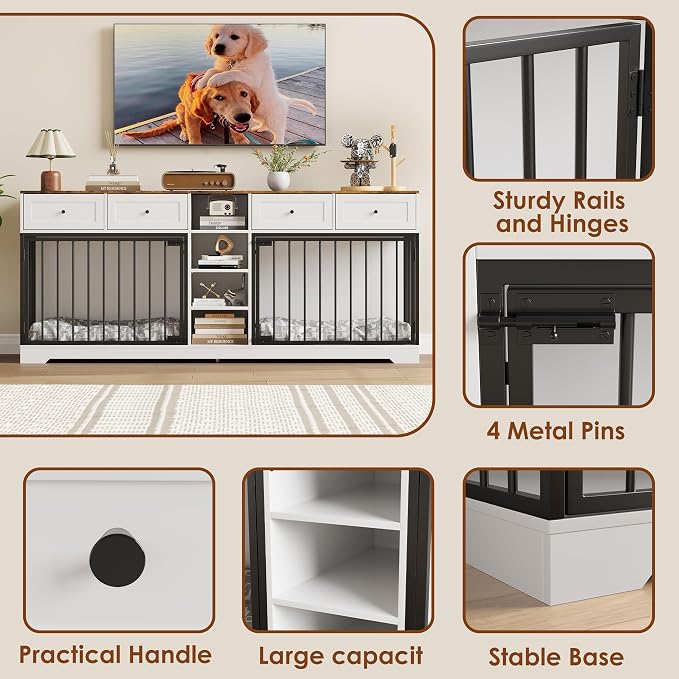 Dog Crate Furniture for 2 Dogs, Double Dog Crate TV Stand, White | 82" Large Dog Kennel Indoor with 4 Storage Drawers and 4 Shelves, Suitable for Small, Medium and Large Dogs