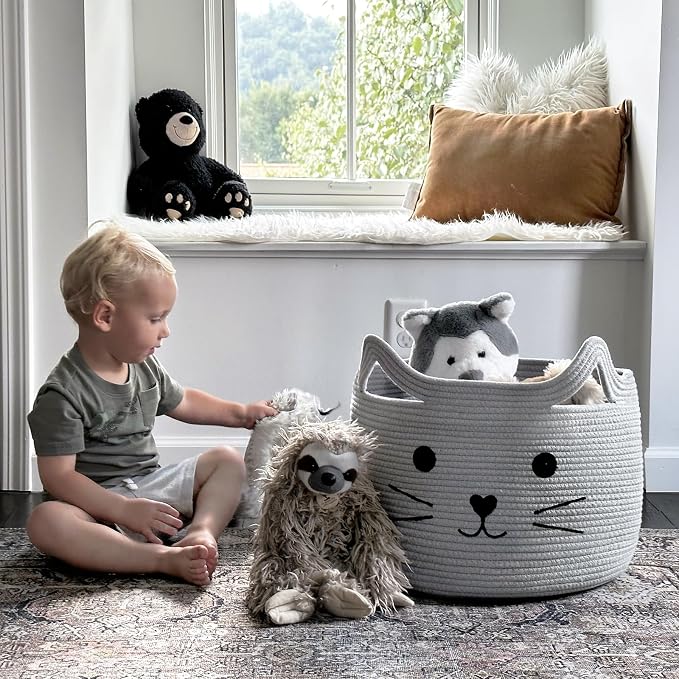 Large Woven Rope Cat Toy Basket with Cat Face Design, Grey | 15.7" x 11.8" Toy Bin & Box for Living Room Nursery, Baby Storage Basket for Towels, Blankets, with Sturdy Handles
