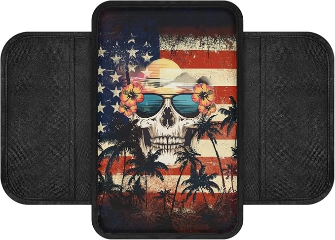 Howilath Console Armrest Pad Cover for Car with 2 Pockets | American Flag Skull Non-Slip Backing, Machine Washable, Universal Fit for SUV Sedan Truck, Protects from Wear and Stains