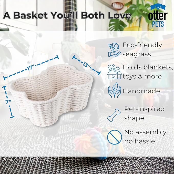 OtterPets Dog Toy Basket, Cotton Rope Bone Shaped Dog Toy Bin, 17x13” | Handmade dog toy box, dog toy storage, dog basket, basket for dog toys, dog storage, 17 x 13 in, natural cotton rope