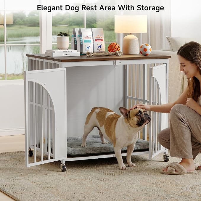 ONBRILL 31" Heavy Duty Foldable Dog Crate Furniture, Small Dogs, White | Fold it away when needed, while removable wheels and spring locks make everyday use more convenient