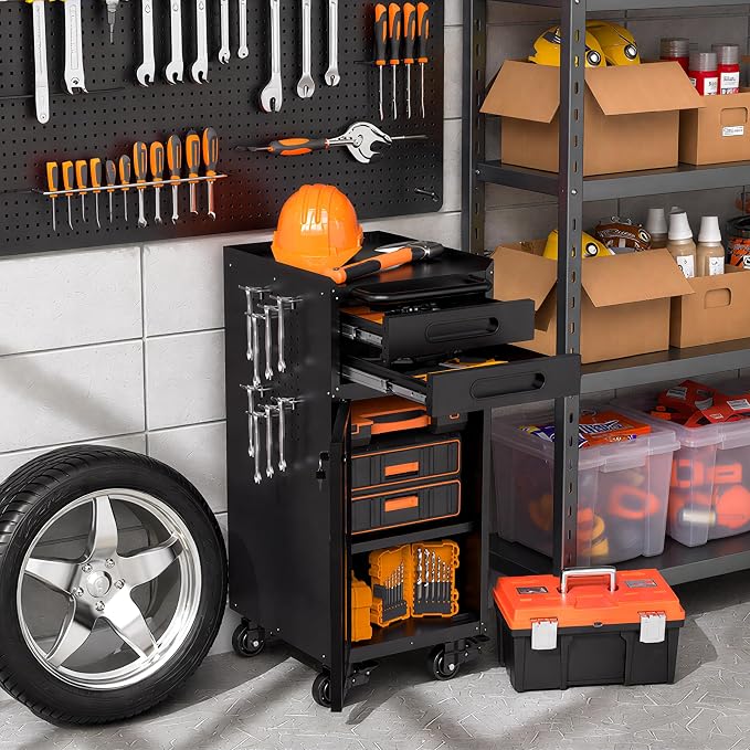 Garage Storage Cabinet,Metal Rolling Tool Cabinet with 2 Pegboard and 10 Hook,Heavy Duty Mechanics Tool Chest Storage for Workshop, Basement,Warehouse,Include Workbench Liner,Black
