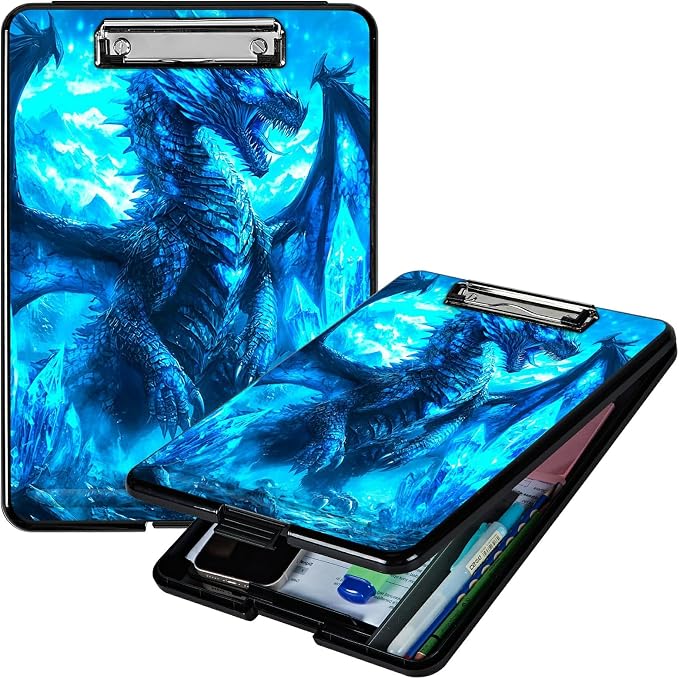 Blue Snow Dragon A4 Clipboard with Storage Pen Holder, Clipboards Organizer Nursing Clipboard Foldable File Folder Plastic Clipboard Folio Clip Board for Office Students Classroom Doctor
