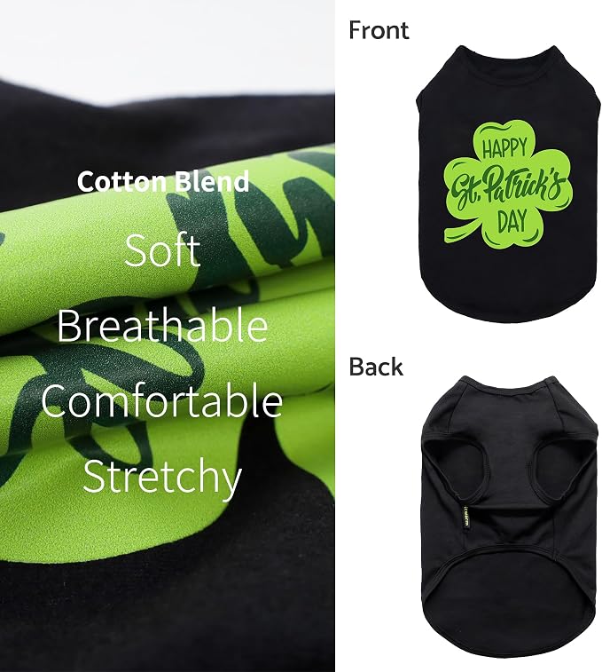 Fitwarm Happy St. Patrick's Day Dog Clothes, Summer Pet Cat Outfit for Small Dogs & Cats - Breathable Cotton T-Shirt, Black & Green, Small
