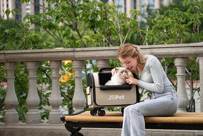 Pet Bag Carrier with Wheels, Pet Backpack with Wheels, Small Dog Carrier, cat Carrier, Detachable Wheels, Travel Bag, Pet Trolley, Soft Sided Carrier with Wheels, Foldable Carrier (Latte White)