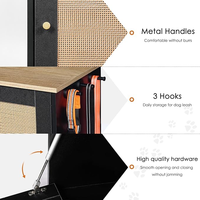 Pet Feeding Station with Elevated Bowls, Pull-Out Drawer, Rattan Doors, Side Hooks, Anti-Tip Kit, Hidden Food Water Organizer, Adjustable Shelves for Dogs Cats Supplies Storage Furniture