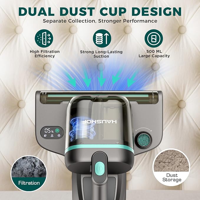 HAUSHOF Mattress Vacuum Cleaner, 15Kpa Bed Vacuum Cleaner | 275nm UV-C Light, 140°F Heat, Aromatherapy, HEPA Filter, Dual Dust Cups, Versatile Handheld Vacuums for Bed, Sofa, Couch
