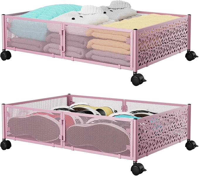 Under Bed Storage Container with Wheels,Patterned,Metal,2 Pack,Pink | Tool-free assembly, glide smoothly, easy reach, foldable, maxmazie low-profile beds, dorm, keep seasonal clothes, shoes fresh