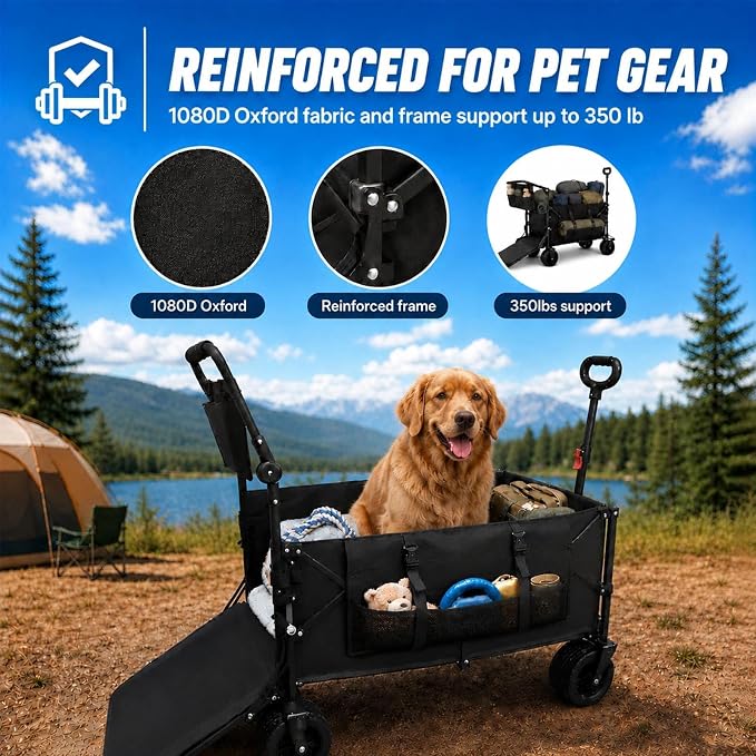 Foldable Dog Wagon for Medium & Large Dogs with Drop-Down Tailgate | 205L Heavy Duty Dog Cart, All-Terrain Collapsible Wagon for Beach, Shopping & Camping, for 1 Large or 2 Medium Puppies