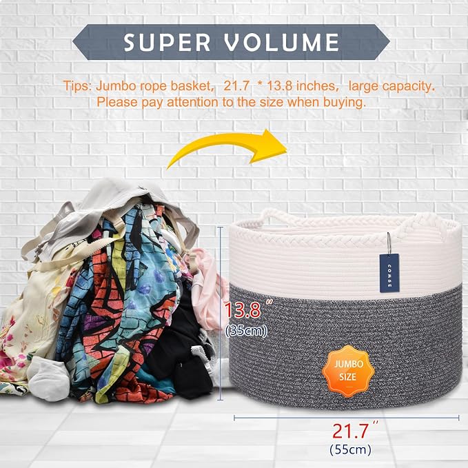 COMSE XXXLarge Woven Blanket & Laundry Basket, 87L, White & Black | 21.7" x 13.8", Cotton Rope, Nursery Hamper for Storage of Toys Clothes Towels, Ideal for Living Room Bedroom Bathroom