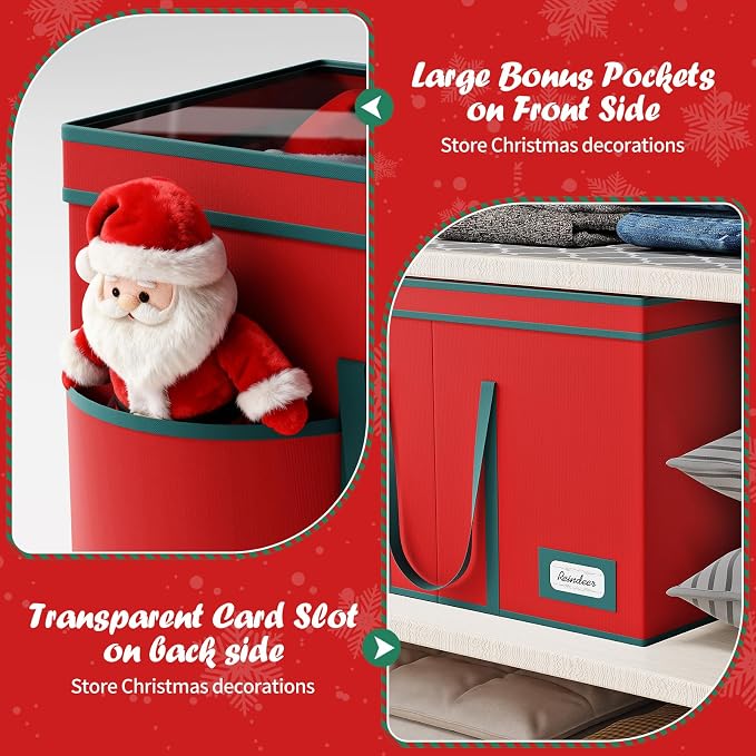 Christmas Figurine Storage Box & Nutcracker Storage Containers with Visible Lid for 15-inch Collectibles, Large Holiday Ornament Decor Organizer Keeps 8 Figurines, Xmas Decoration Storage Box, Red