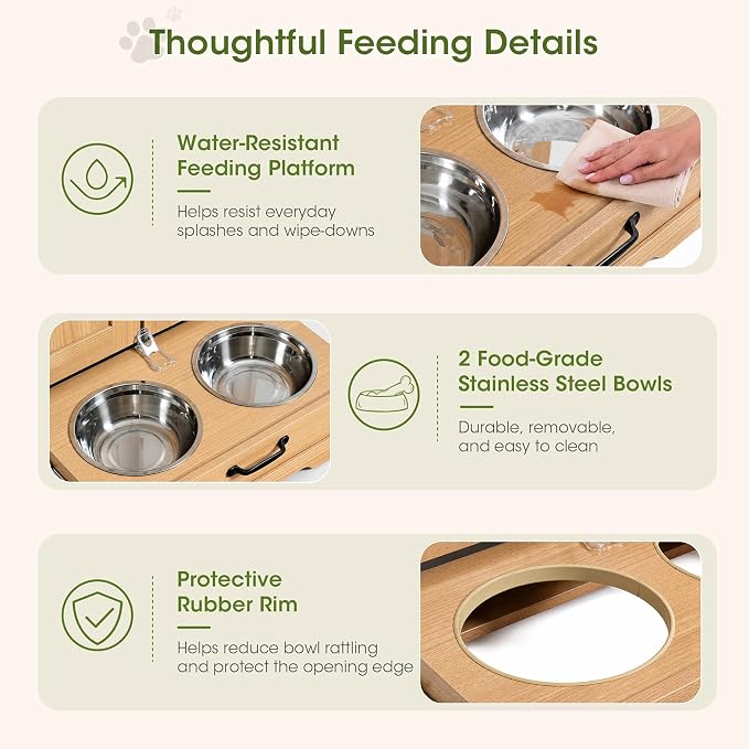 Dog Cabinet, Dog Feeding Station with Hidden Pull-Out Feeder, Oak | 5.9" Elevated Feeding Height, 2 Stainless Steel Bowls, Adjustable Shelf, 3 Side Hooks, Dog Food Storage Organizer