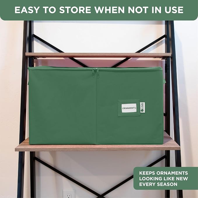 Christmas Ornament Storage Container with Dividers - Box Stores Up to 96 Ornaments, Zippered, Convenient, Adjustable, Large Organizer Bin to Protect Holiday Décor, Fits Most Standard Size, Green