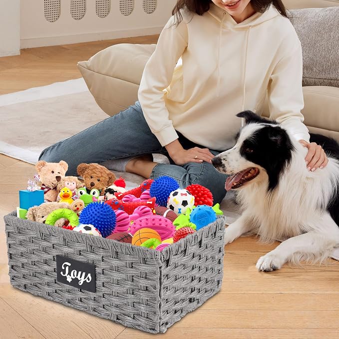 Dog Toy Basket Metal Frame Woven Rattan Foldable Bin, Dog Toy Storage Organizer for Living Room,Entryway,Toy Storage Organizer with Collapsible Rectangular Design,Pet Toy Basket for Dogs,Cats-Grey