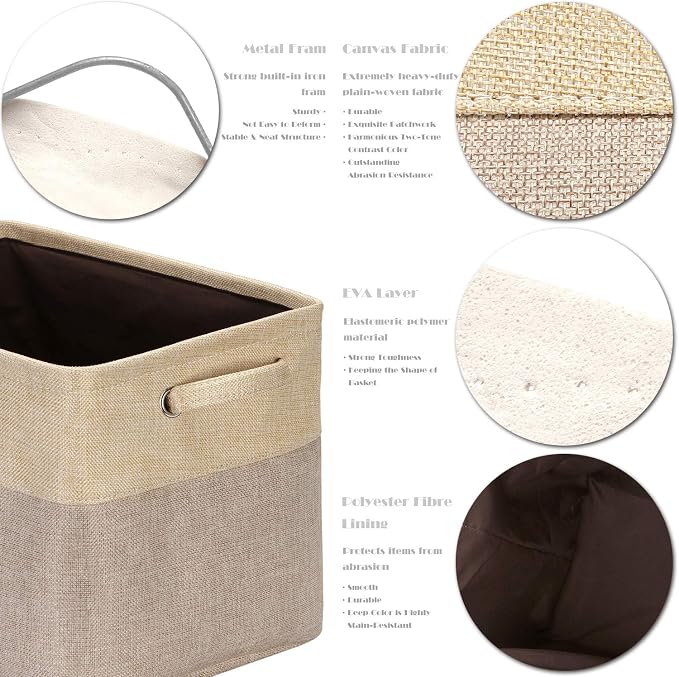 Sea Team Large Rectangle Canvas Open-Top Storage Baskets, 3-Pack | Collapsible Fabric Storage Bins with Handles, Closet Shelf Organizers, 15 x 10 x 10 Inches, Tan & Beige