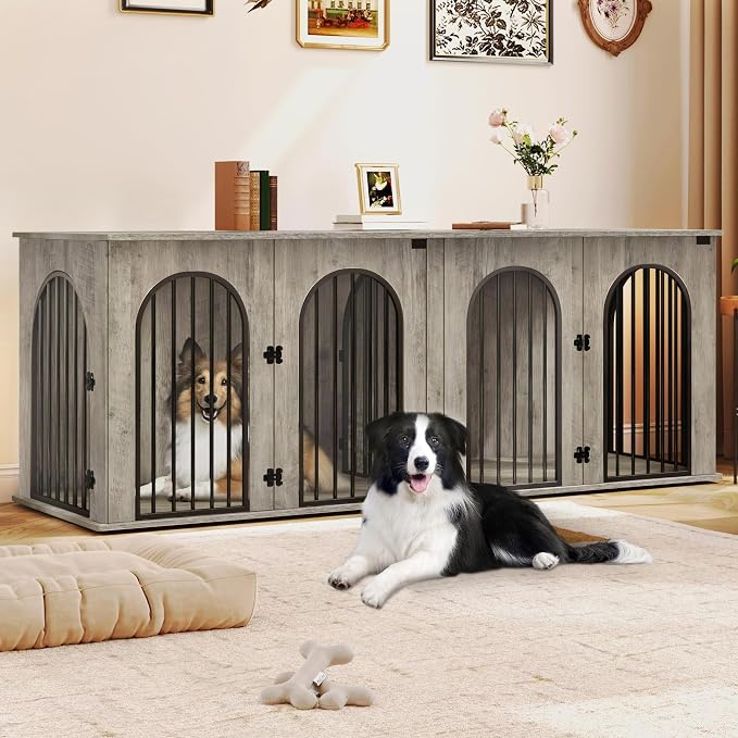 Hzuaneri 86.6" Double Dog Crate Furniture, Dog Kennel Indoor with Cushion | Heavy Duty Dog Crate Furniture for 2 Dogs,Dog Cage End Table TV Stand with Divider for Med-Large Dog,Greige Black DFC84005BV1