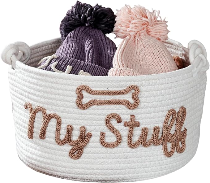 JUPPE Pet Dog Basket with Personalized Name, Dog Toys Storage Organizer Custom Cotton Rope Basket Nursery Decor (White pet basket)