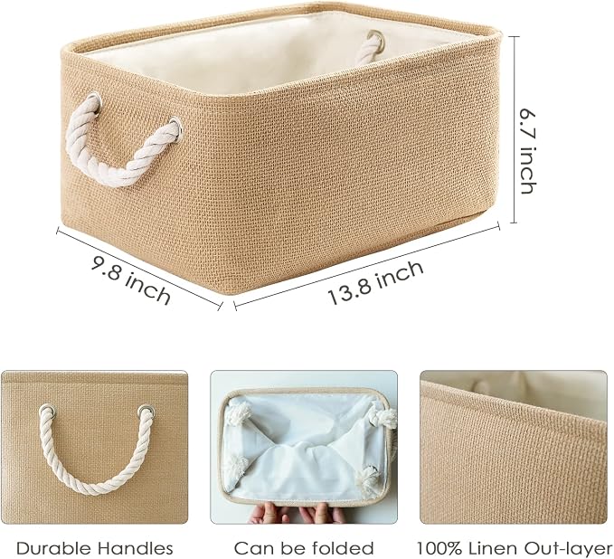 Storage Bins for Shelves - Medium 3Pack 13.8L*9.8W*6.7H inch Canves Storage Basket for Organizing, Fabric Storage with Handles for Clothes Baby Dog Toys(Beige)