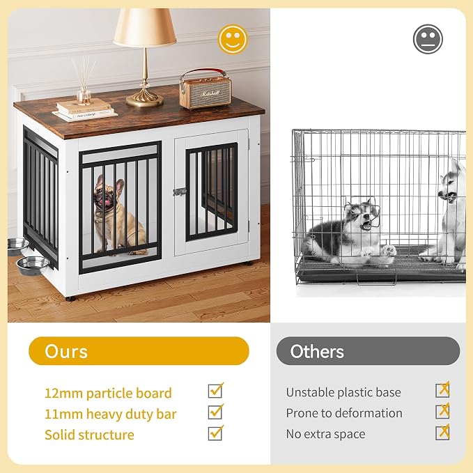 DWVO 35 Inch Dog Crate Furniture with Adjustable Feet & Removable Bowls | Dog Kennel Indoor Furniture End Table for Dogs, Modern Decorative Wooden Cage, Chew-Resistant, White