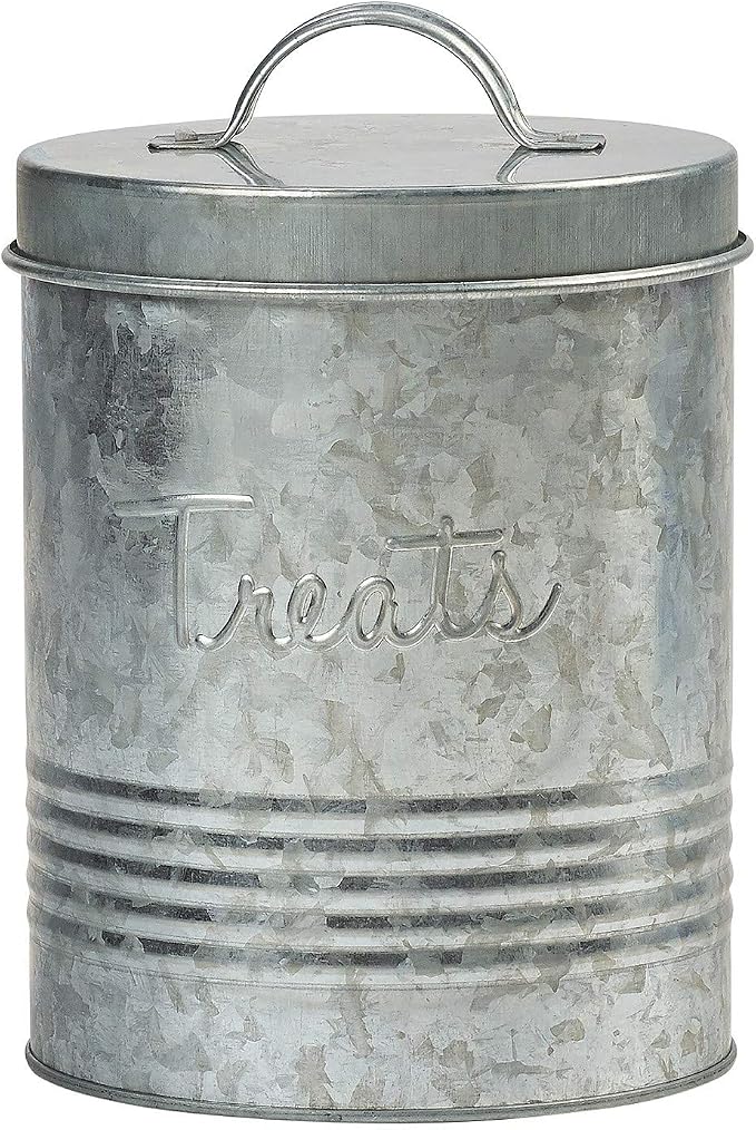 Amici Pet, , Retro Treats Galvanized Relief Lettering Metal Storage Canister, Food Safe, Push Top, 72 Ounces