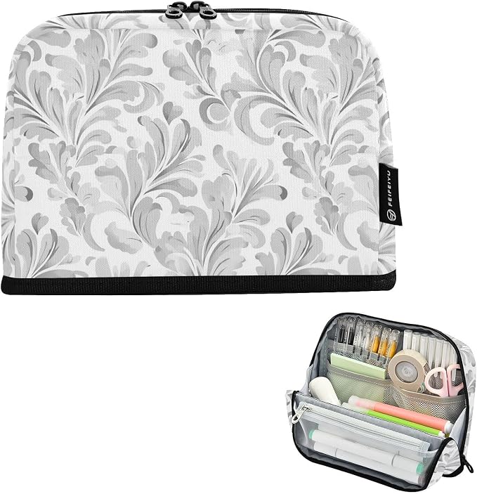 Aslsiy Large Capacity Pencil Case Floral Baroque Damask Grey (4) Pencil Pouch for Boys Girls Portable Pen Bag Organizer Standing Makeup Bag for School Office Supplies