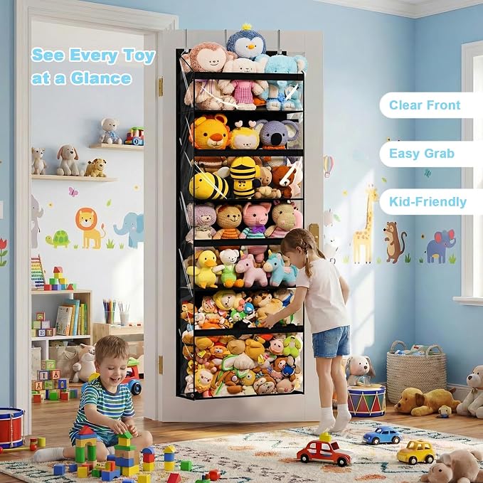 Heavy Duty Stuffed Animal Storage, 4-Tier Clear Extra Large Over The Door Organizer for Stuffies, Baby Ideas Holder, Toy Plush Hanging Organizer Big Girls Toddler Bag Animals Stuffy, Black
