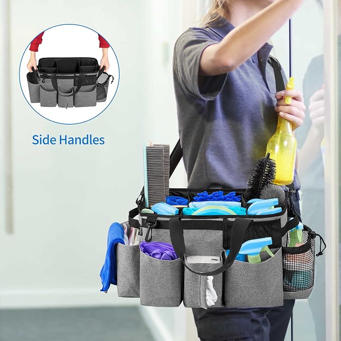 LoDrid Wearable Cleaning Caddy Bag with 4 Foldable Dividers, Grey | Cleaning Supply Organizer with Shoulder Strap and Side Handles for Cleaners & Housekeepers