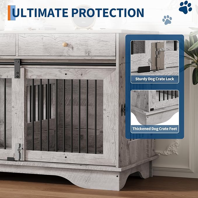 GarveeHome 47" Dog Crate Furniture for 2 Dogs, Double Dog Kennel with Removable Divider & 2 Drawers, Decorative TV Stand Side Table, Indoor Pet Cage for Large/Medium/Small Dogs, White