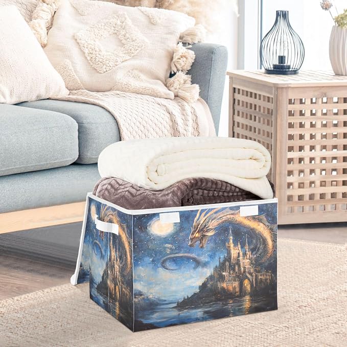 Dream Castle Dragon Storage Bins with Lids and Carrying Handle,Foldable Storage Boxes Organizer Containers Baskets Cube with Cover for Home Bedroom Closet Office