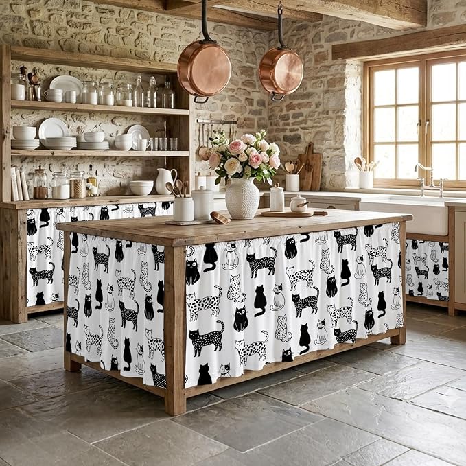 Cat Animal Sink Skirt 11"Wx13"L,Dustproof Under Sink Curtain with Self Adhesive Tape,Black White Earthy Tone Pet Modern Minimalist Cabinet Curtain Cover for Bathroom Vanity,Kitchen Storage Shelf