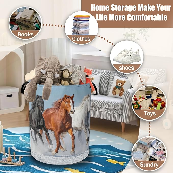 Horses Gallop Laundry Hamper,Laundry Baskets,Waterproof Oxford Cloth Toy Storage for Bedroom,Bathroom,Nursery,16x20.8 Inch