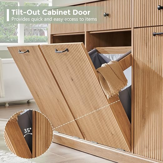IFGET Triple Tilt Out Trash Can Cabinet, Modern Fluted Laundry Hamper Cabinet with 3 Drawers, 20 Gallon Hidden Wooden Garbage Can Cabinet w/Storage Basket & Adjustable Shelf, for Kitchen, Natural Oak