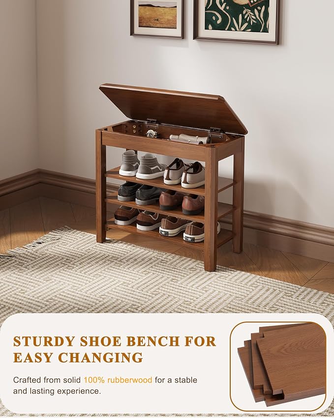 IUNVR Shoe Rack Bench Seat Rubberwood 3-Tier Wooden Storage Bench 550lbs Compact Mid-Century Modern Design for Entryway, Hallway, Closet, Front Door Entrance, Foyer
