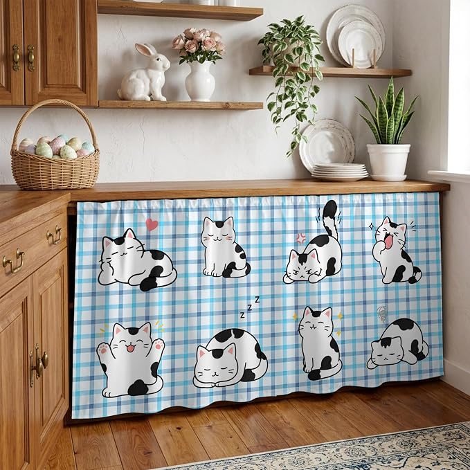 Cute Cat Sink Skirt for Bathroom, Self-Adhesive Under Sink Curtain, Modern Playful Pet Cats Blue Purple Plaid Hide Pipes & Storage Fabric Cabinet Skirt Cover for Kitchen Laundry 32"x55"