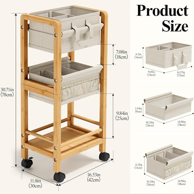 Bamboo Diaper Caddy Cart with Wheels - 3-Tier Rolling Storage，Beige | Removable bins, side pockets, sturdy handle, smooth wheels. For nursery, living room, laundry, pet. Natural bamboo, versatile