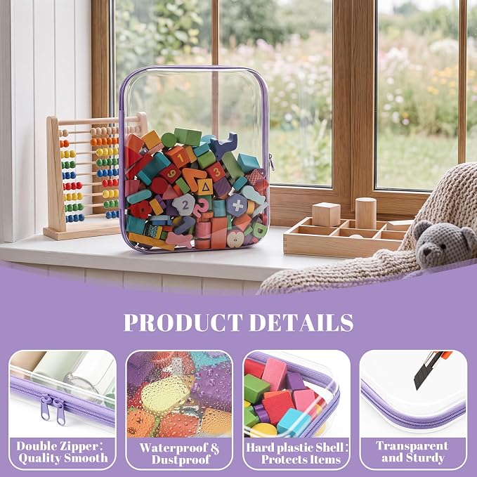 12 Pack Clear Hard Shell Zipper Case with 40 Labels, X-Large/Medium/Small Stackable Clear Pouches, Crush-resistant Travel Toiletry Bag Organizer for Makeup Board Games Electronics (Purple)