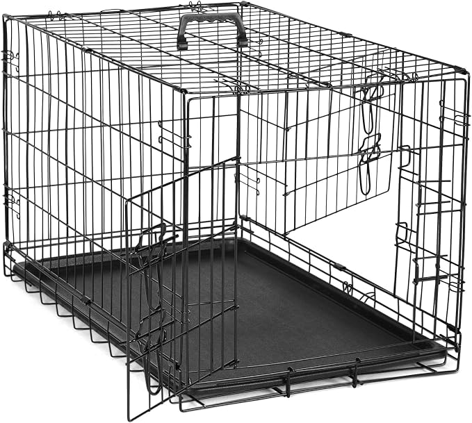 DUMOS 48 Inch Dog Crate, Foldable Medium Large Dog Cage Pet Kennel | Double Door Metal Wire, Plastic Leak-Proof Pan Tray, Portable Indoor Outdoor Training Travel