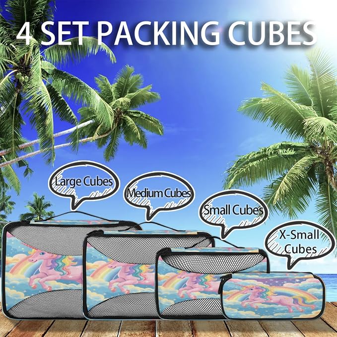 4 Set Packing Cubes for Travel, Rainbow Unicorn Packing Cubes for Women, Travel Luggage Packing Organizers, Packing Cube Set, Unicorn Cartoon