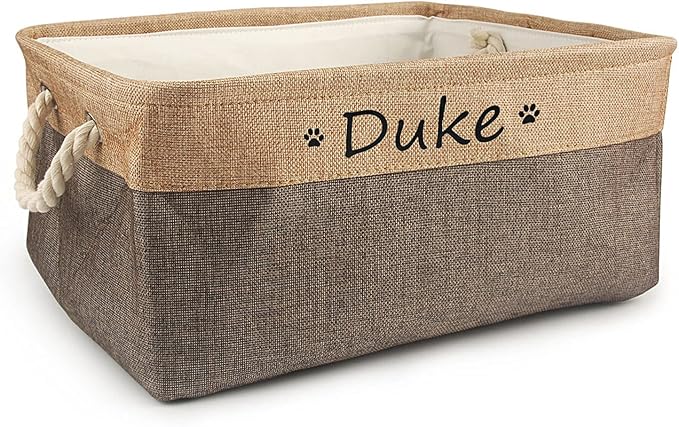 Personalized Dog Toy Basket with Name,Custom Dog Toy Basket,Paw Prints Pet Food Storage Container,Dog Toy Box for Small Dogs,New Puppy Supplies (Coffee,S 31X21X12cm)