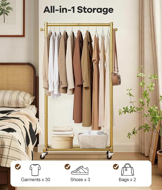 MISSLO Heavy Duty Clothes Racks for Hanging Clothes 25mm Metal Gold Clothing Rack with Shelves for Storage Rolling Garment Rack with Wheels for Bedroom, Laundry, Gold, 28" x 15.5" x 60"