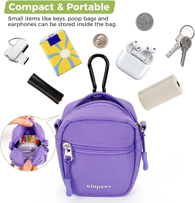 Dog Treat Pouch with Poop Bag Holder, Small Crossbody Bag for Puppy Training and Walking, Shoulder Strap Can Use as Dog Leash- Pet Travel Accessories, Metal Carabiner Attached (Purple) | 900D Oxford Fabric