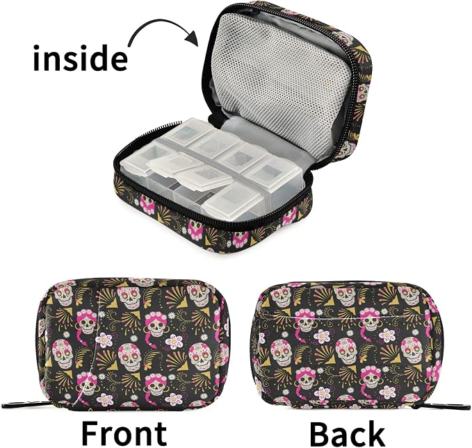 Paisley Flower Sugar Skull Pill Box 7 Day Pill Case Travel Pill Organizer Bag with Zipper Portable Weekly Case Compact Size for Vitamin Supplement Holder
