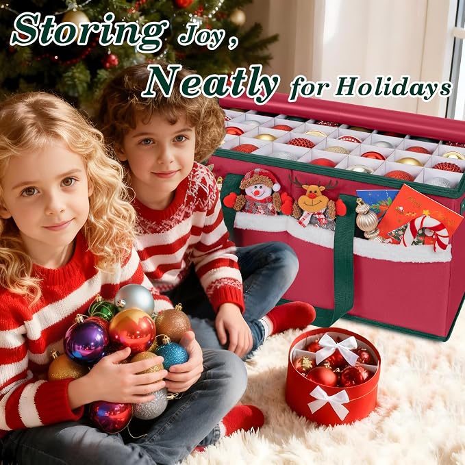 Christmas Ornament Storage Box with Adjustable Dividers Zippered Top Stores up to 128 Holiday Ornaments (3 Inch) Xmas Ball Decorations Organizer Storage Container Bin